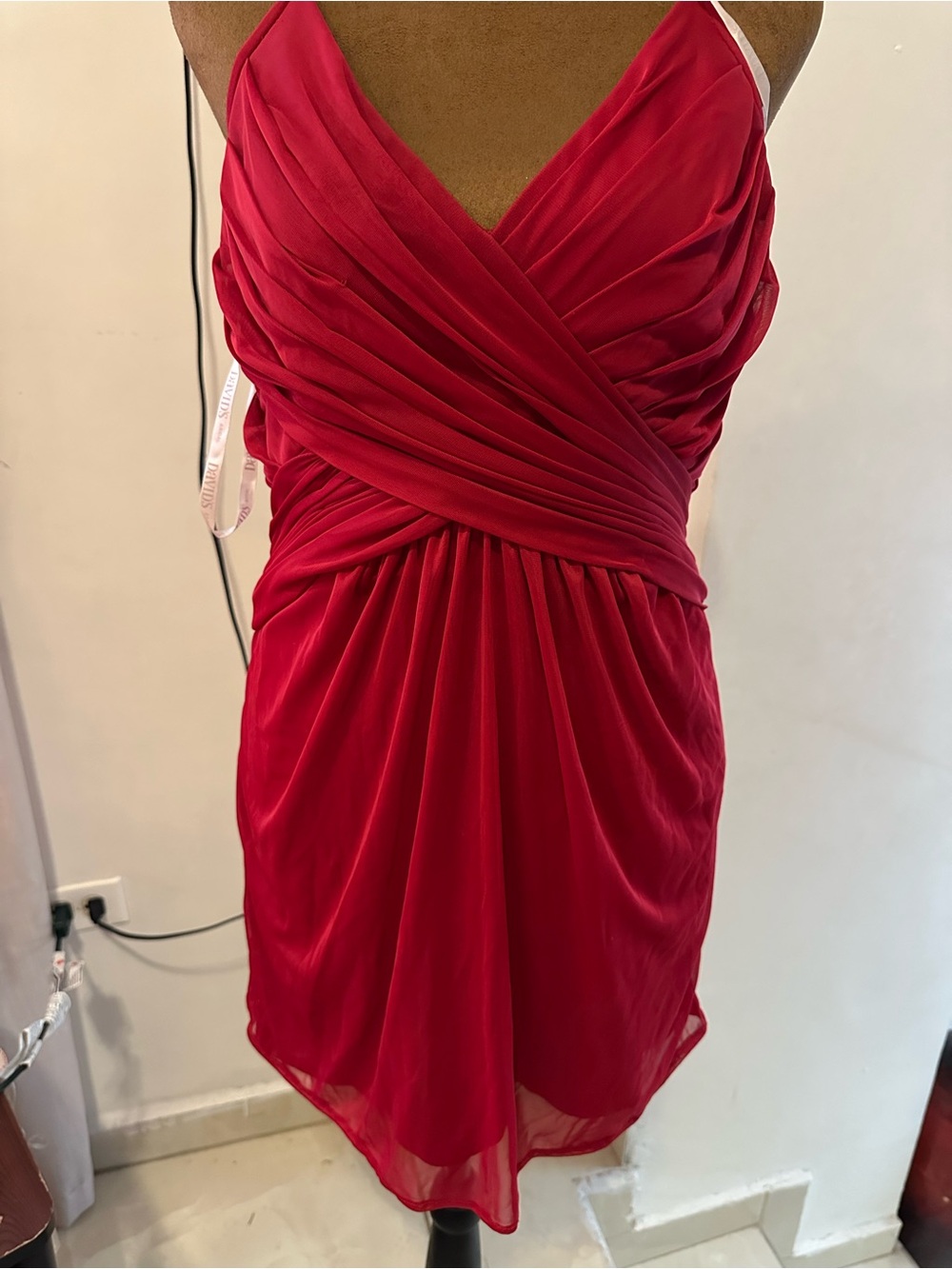 David's Bridal Fuchsia Ruched V-Neck Mini Dress